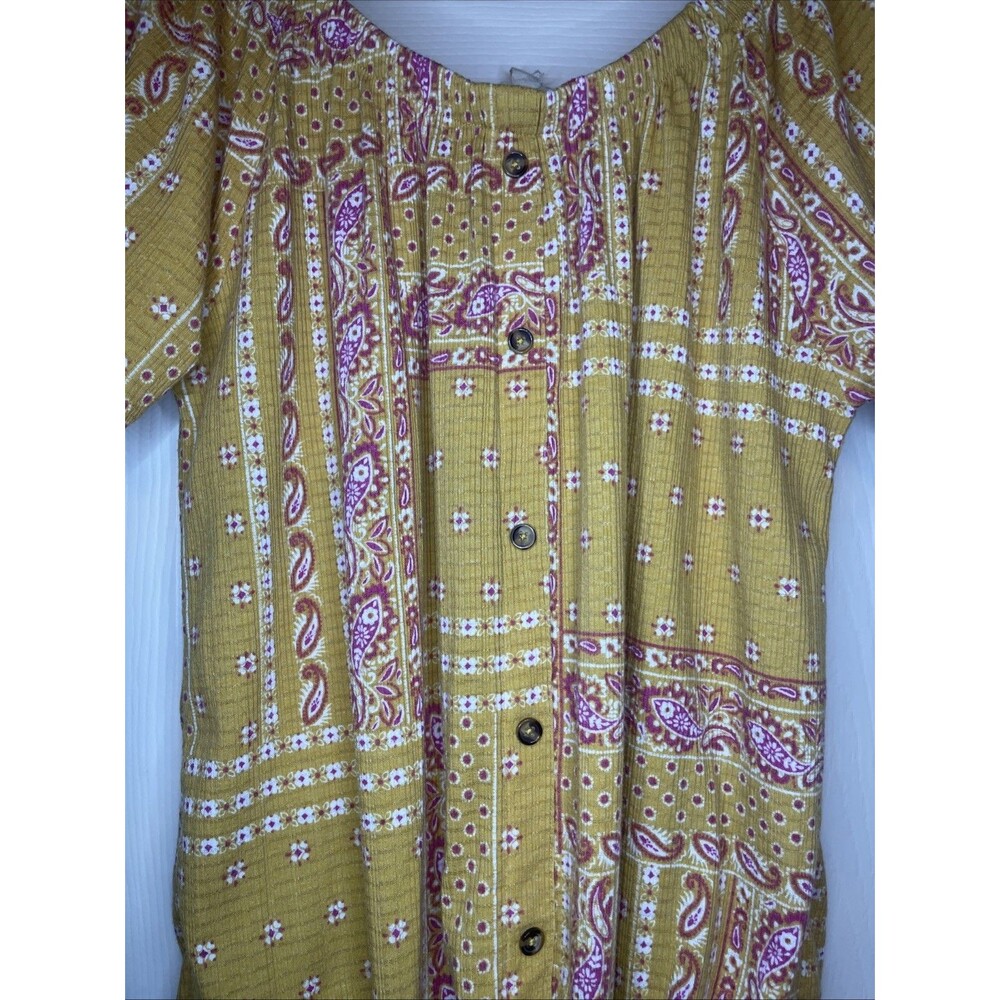 Como Blu Mustard Boho Peasant Blouse L Paisley Print Button Front Drawstring - Picture 2 of 8